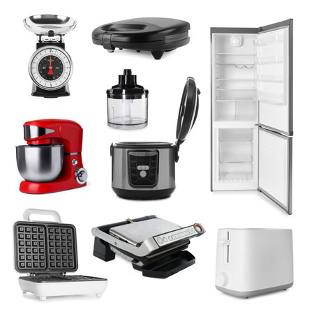 Stand mixer and other household appliances isolated on white, setの写真素材