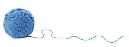 Ball of blue knitting yarn on white background