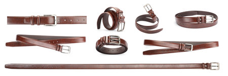 Brown leather belt on white background, collageの写真素材