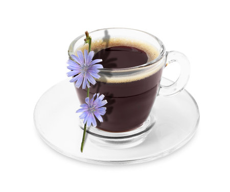 Chicory drink in glass cup and flowers isolated on whiteの写真素材
