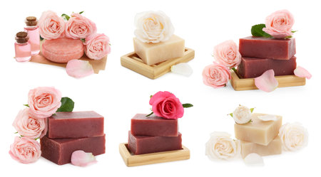 Soap bars with roses and essential oil isolated on white, collageの写真素材