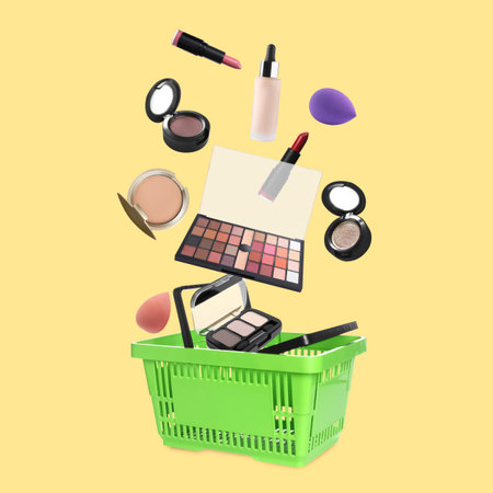 Different makeup products falling into shopping basket against beige backgroundの写真素材