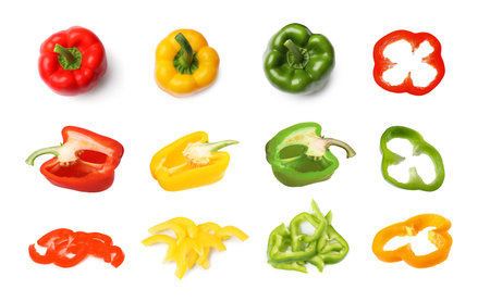 Fresh bell peppers isolated on white, collage. Whole and slicedの写真素材