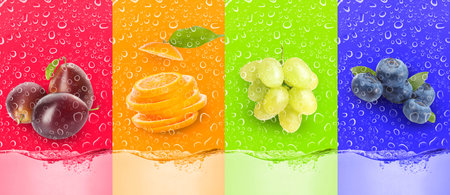 Refreshing drink. Plums, orange, grapes, blueberries, water and drops on colorful background. Banner...