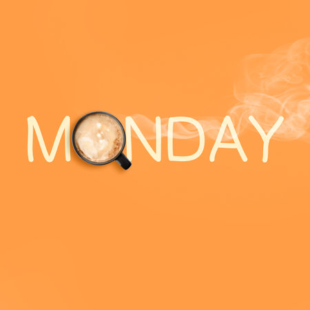 Coffee will make Monday good. Cup of hot drink instead of letter O in word on orange background, top viewの写真素材