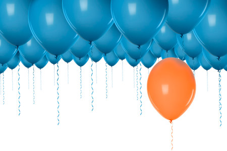 Be different. Orange balloon under blue ones on white backgroundの写真素材