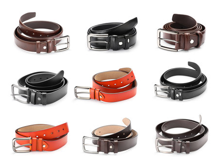 Different leather belts on white background, collageの写真素材