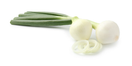 Whole and cut ripe onions isolated on whiteの写真素材
