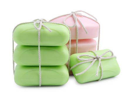 Many soap bars isolated on white. Personal hygieneの写真素材