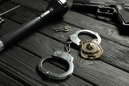 Different police equipment on black wooden table, closeupの写真素材