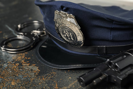 Police cap, handcuffs and gun on dark table, closeupの写真素材