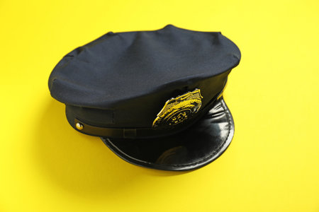 Police cap on yellow background, above viewの写真素材