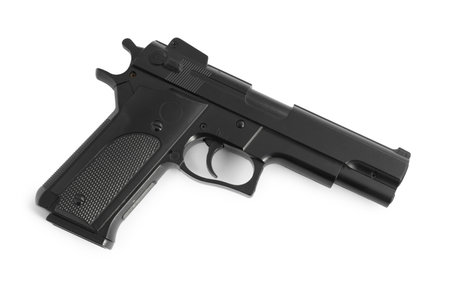 Black gun on white background, top view. Police equipment