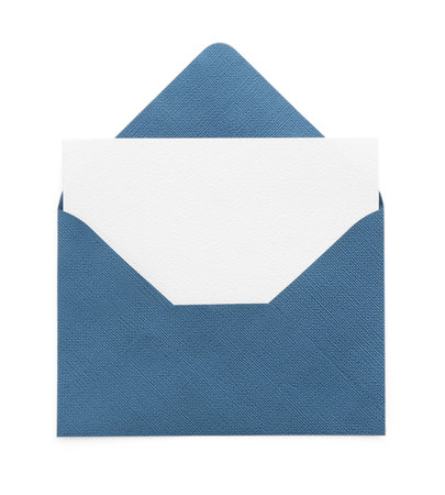 Blank invitation card and envelope isolated on white, top view. Space for designの写真素材