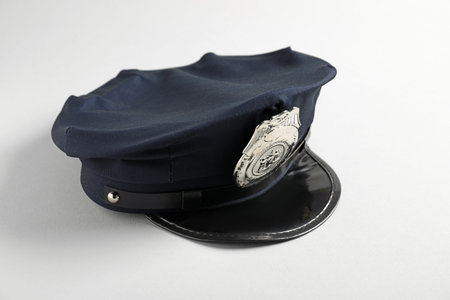 One police cap on white background, closeup