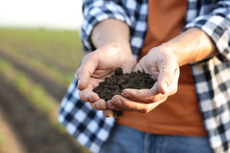 Man holding pile of soil in field, closeupの写真素材