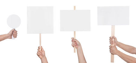 Group of people holding blank signs on white background, closeup. Mockup for designの写真素材