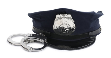 Police cap and handcuffs on white backgroundの写真素材