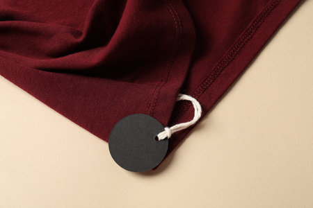 Red garment with tag on beige background, top view