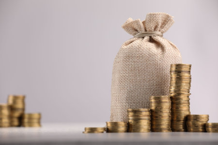 Bag and stacked coins on light background, selective focus. Space for text