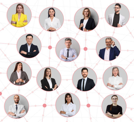 Network: business, communication, team. Circles with portraits of people connected to each other on white backgroundの写真素材
