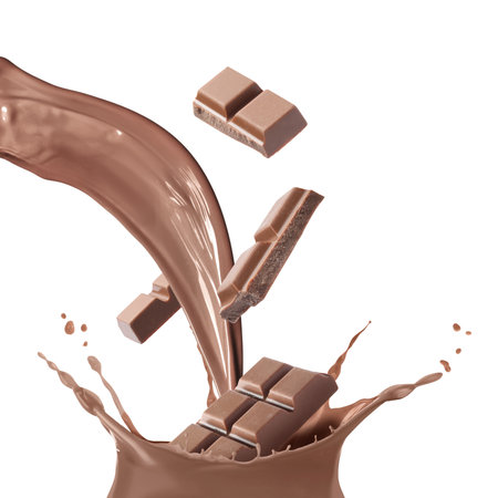 Pouring chocolate milk and flying pieces of chocolate against white backgroundの写真素材
