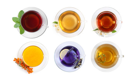 Different types of tea in glass cups isolated on white, set. Top viewの写真素材