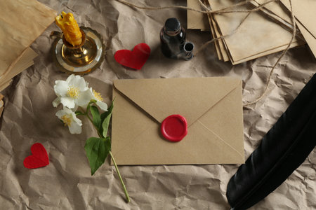 Flat lay composition with love letters on tableの写真素材