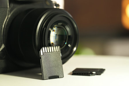 SD memory cards and photo camera on white table, closeupの写真素材