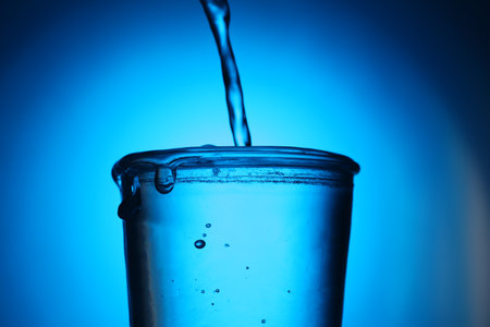 Pouring water into glass on blue gradient background, closeup. Backlitの写真素材