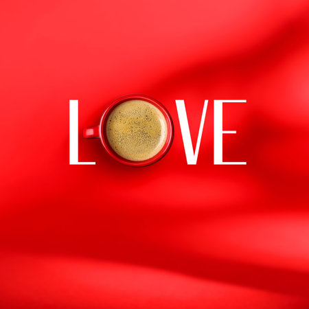 Cup of coffee instead of letter O in word Love on red background, top viewの写真素材