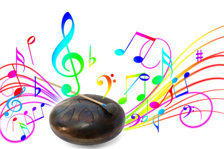 Steel tongue drum with soft mallet on white background. Colorful music notes and sound lines flowing...