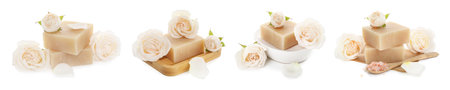 Soap bars and roses isolated on white, collageの写真素材
