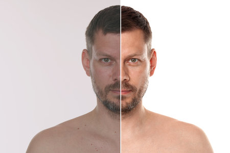 Portrait of man before and after retouching on white backgroundの写真素材
