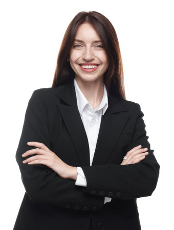 Happy woman in suit on white backgroundの写真素材