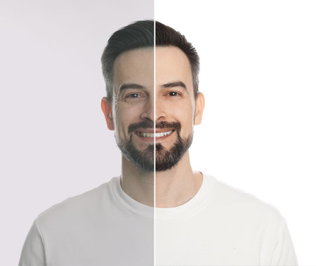 Portrait of man before and after retouching on white backgroundの写真素材