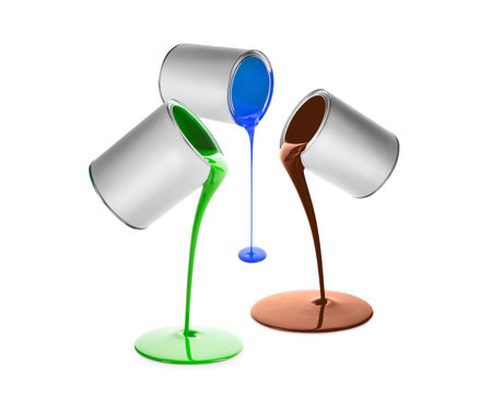 Paints of different colors pouring out of cans on white background, collageの写真素材