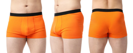 Man in orange underwear on white background, closeup. View from different sides, collageの写真素材
