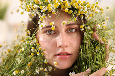 Portrait of beautiful woman with chamomile flowers, closeupの写真素材