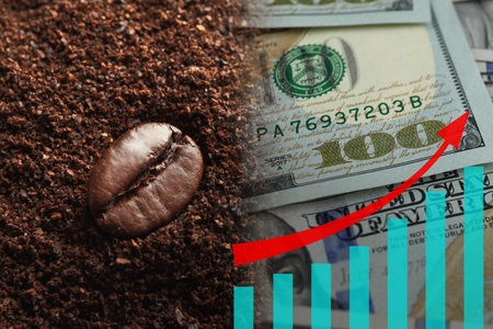 Rising coffee price. Roasted bean, grounds, graph, red arrow and dollar bills, double exposureの写真素材