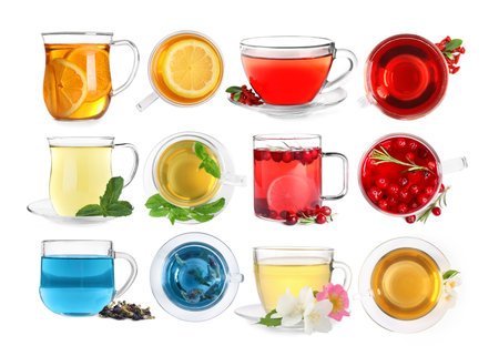 Different types of tea in glass cups isolated on white, set. Top and side viewの写真素材