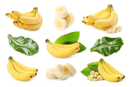 Yummy ripe banana fruits and green leaves on white background, collageの写真素材