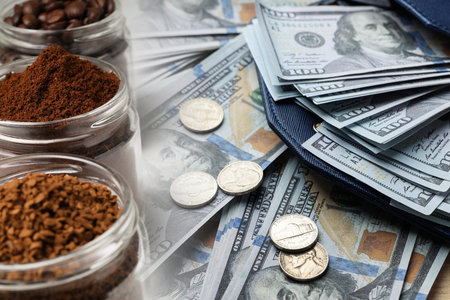 Rising coffee price. Jars with instant, ground coffee, roasted beans and dollar bills, double exposureの写真素材