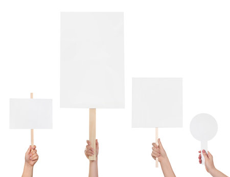 Group of people holding blank signs on white background, closeup. Mockup for designの写真素材