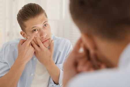 Man putting in contact lens near mirror at homeの写真素材