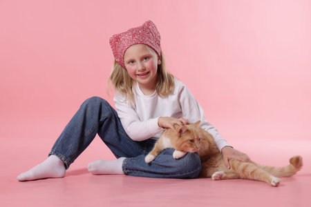 Little girl with her cute ginger cat on pink backgroundの写真素材