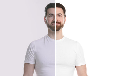 Portrait of man before and after retouching on white backgroundの写真素材