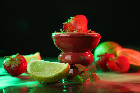 Hookah bowl with limes, strawberries, mint and smoke on black table, closeupの写真素材