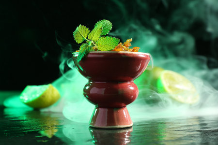 Hookah bowl with limes, mint and smoke on black table, closeupの写真素材