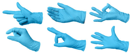 Nitrile medical gloves isolated on white, collage collage of gestures